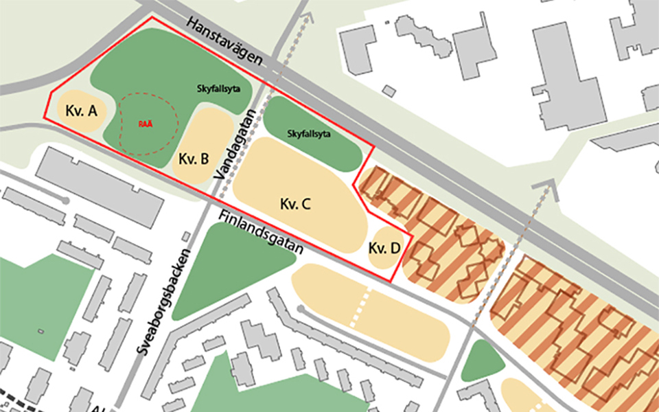 Översikt över området med planområdet markerat med röd linje.